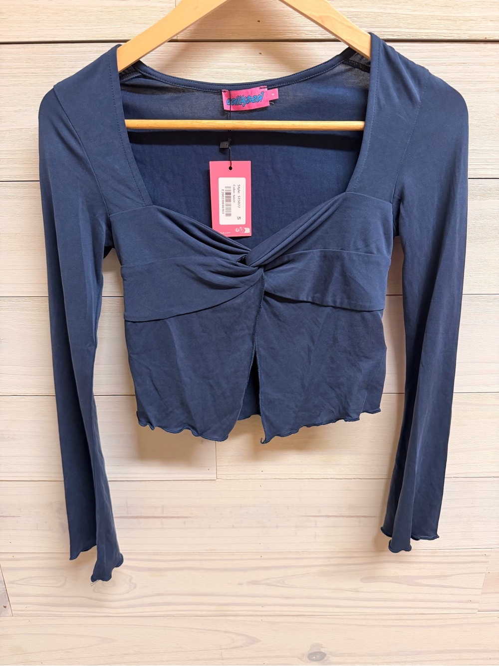 Edikted Navy Long-Sleeve Twist Front Crop Top